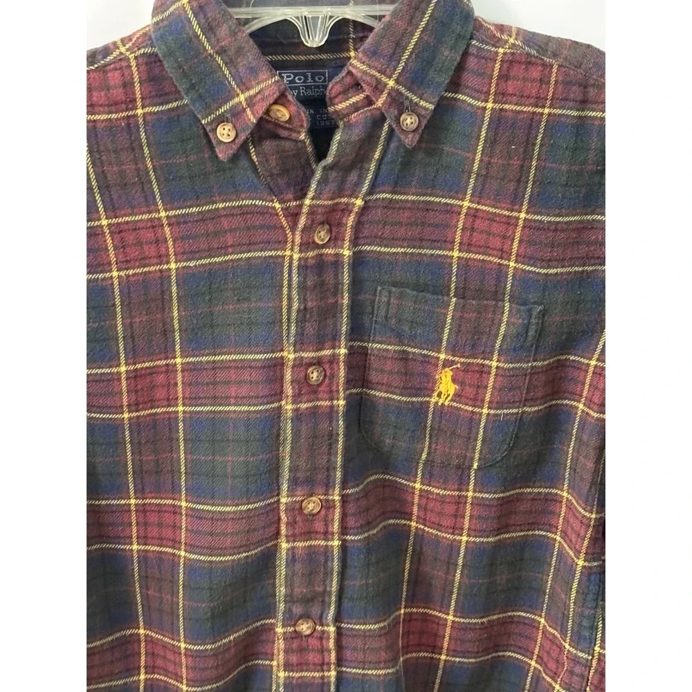 Ralph Lauren Boys SZ 6 Preppy Plaid Flannel Burgundy Blue Green Yellow Pony Logo